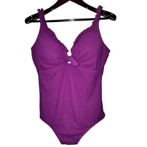 Profile by Gottex Purple Fushia Ruffle Plunge Tie Front One Pc Swimsuit sz 8/10?